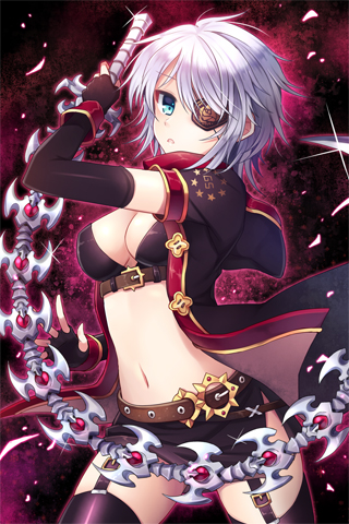 belt black_legwear blue_eyes breasts cleavage elbow_gloves eyepatch fingerless_gloves garters gloves holding iri_flina jacket looking_at_viewer lowres mauve midriff miniskirt navel open_clothes open_mouth resized short_hair silver_hair skirt sword sword_girls thigh-highs thighhighs weapon wrist_cuffs