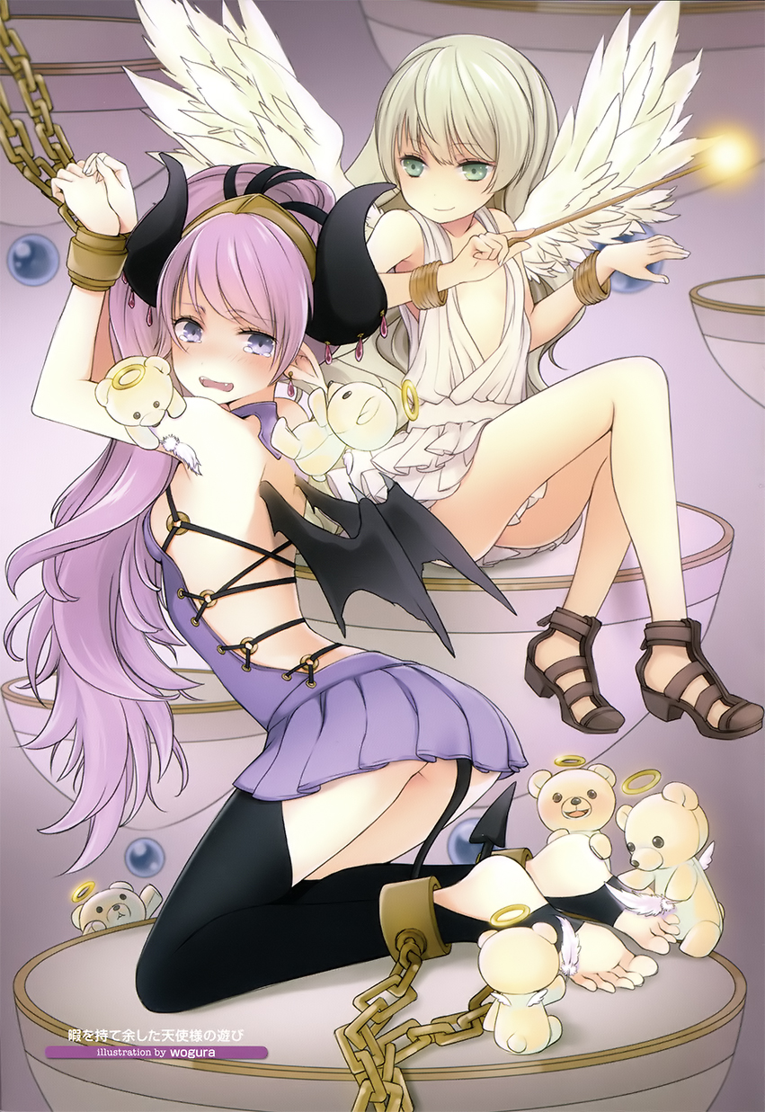 angel angel_and_devil artist_name barefoot bdsm blonde_hair blush bondage chain chains chiton cuffs demon_horns demon_tail demon_wings devil earrings feet foot_tickling green_eyes halo highres holding horns jewelry long_hair multiple_girls open_mouth original pink_hair pointy_ears purple_eyes scan shackles sitting soles tail tears tickle_torture tickling toeless_legwear toes violet_eyes wand white_wings wings wogura