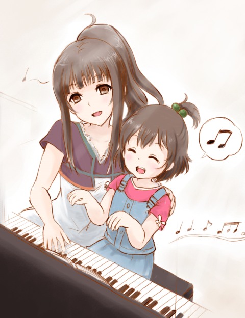 :d ^_^ age_difference akihisa201 brown_eyes closed_eyes family hair_bobbles hair_ornament instrument long_hair mother_and_daughter multiple_girls musical_note open_mouth overalls piano ponytail sakai_mahiru sakai_wakana short_hair short_ponytail smile spoken_musical_note tari_tari young