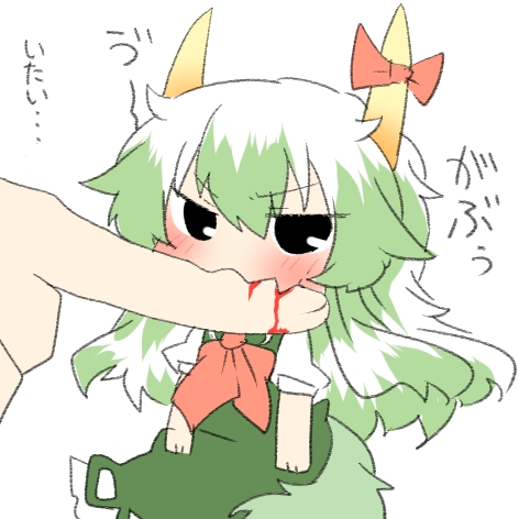 biting blood bow ex-keine green_hair horns kamishirasawa_keine long_hair lowres open_mouth rebecca_(keinelove) solo tail touhou