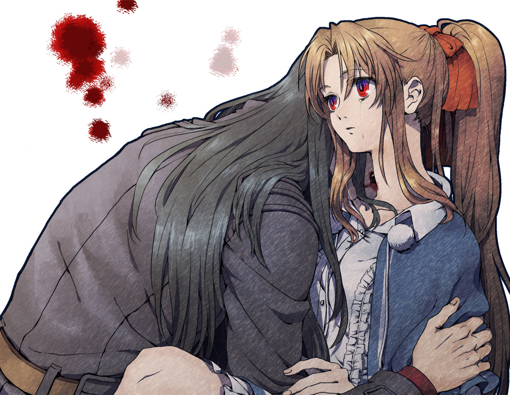1girl arm_grab biting black_hair blood blood_stain bream-tan brown_hair character_request copyright_request empty_eyes hair_ribbon holding long_hair multicolored_eyes ponytail ribbon tears vampire