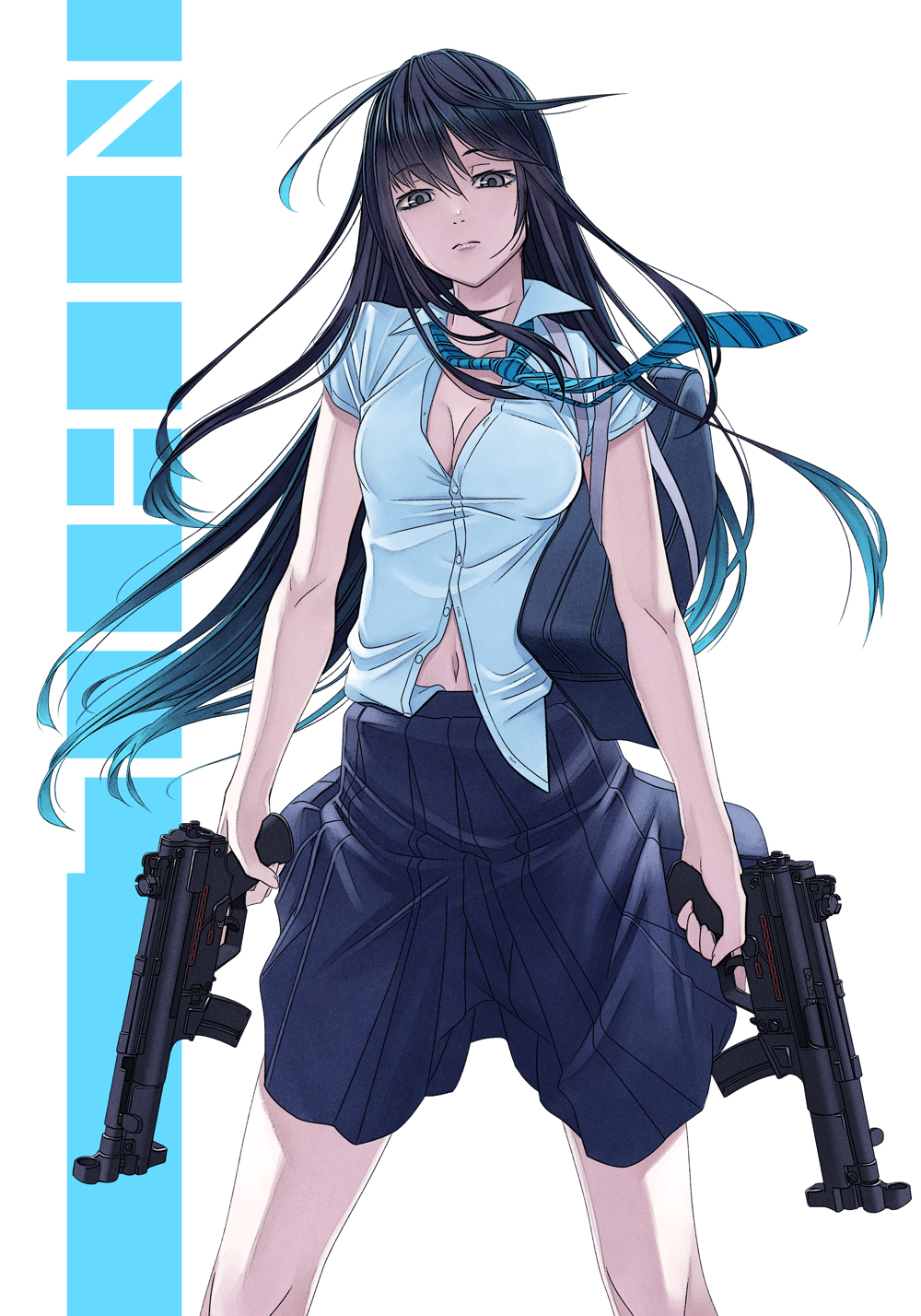 bag black_eyes black_hair breasts cleavage dual_wielding gun h&amp;k_mp5k hamada_youho highres long_hair looking_at_viewer navel necktie original school_bag school_uniform simple_background skirt solo submachine_gun trigger_discipline weapon white_background wind