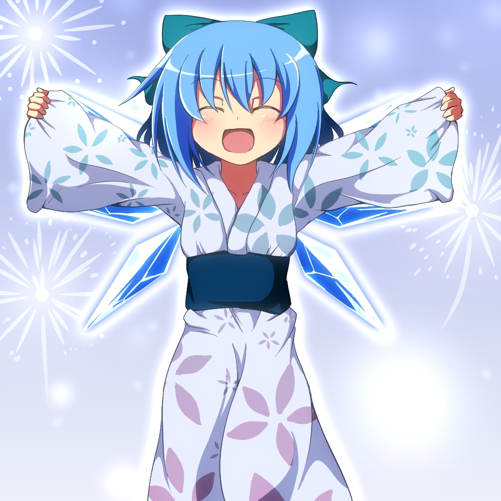 alternate_costume blue_hair blush bow cirno closed_eyes collarbone do_(4-rt) eyes_closed fireworks floral_print hair_bow ice ice_wings japanese_clothes kimono long_sleeves open_mouth outstretched_arms sash short_hair smile solo touhou wide_sleeves wings