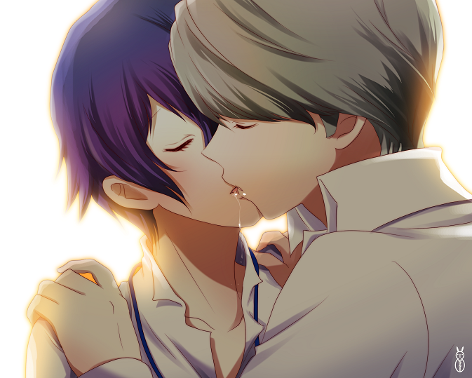 1girl androgynous blue_hair couple grey_hair kiss machinosuke narukami_yuu persona persona_4 reverse_trap shirogane_naoto short_hair