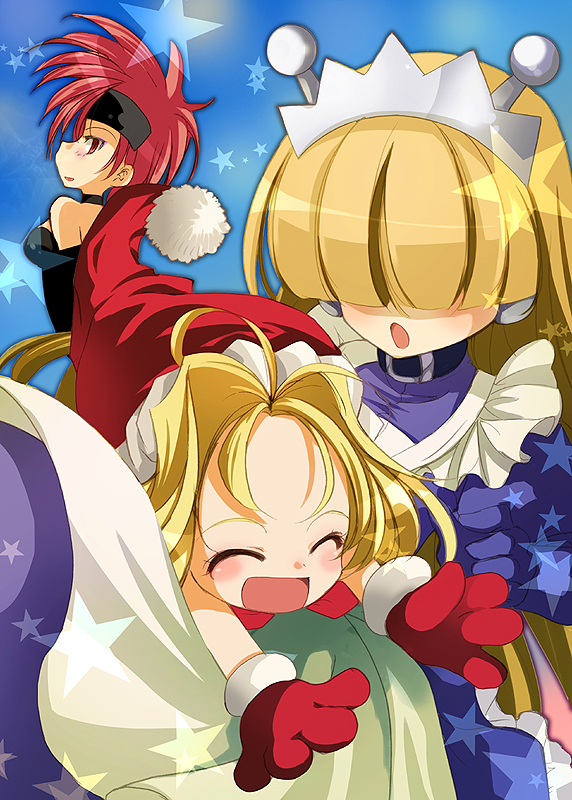 android apron astra_super_stars blonde_hair character_request company_connection crossover dress galaxy_fight gloves gondolf hair_intakes hat headband juri_(galaxy_fight) long_hair maid multiple_girls red_eyes red_hair redhead rouge_(astra_super_stars) santa_hat short_hair sunsoft tesse waku_waku_7