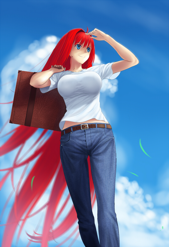 aozaki_aoko arm_up belt blue_eyes breasts hair_intakes impossible_clothes impossible_shirt jeans large_breasts long_hair red_hair redhead sky smile solo suitcase t-shirt tsukihime tsukikanade very_long_hair