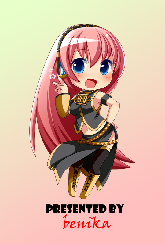 :d artist_name benika_(benikaone) blue_eyes boots chibi cross-laced_footwear gradient gradient_background headphones lace-up_boots long_hair megurine_luka navel open_mouth pink_hair side_slit smile solo star thigh-highs thighhighs v very_long_hair vocaloid