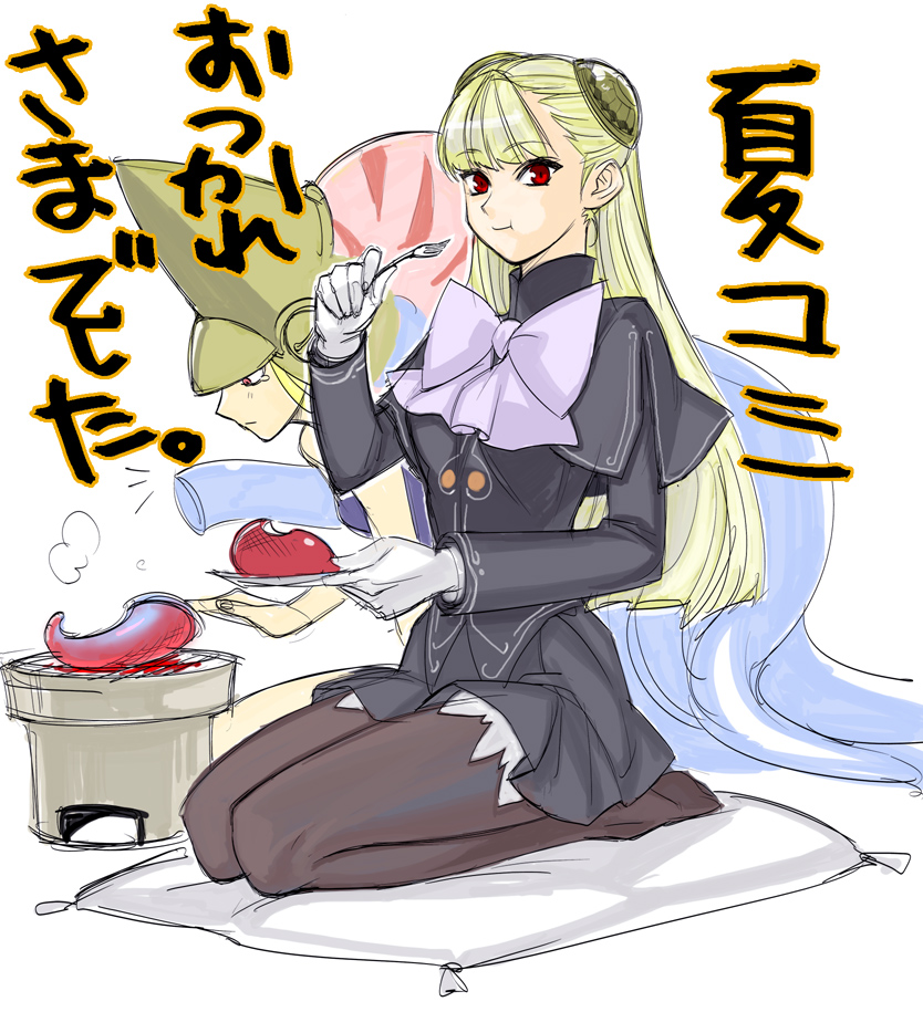 alternate_color blonde_hair brown_legwear capcom capcom_fighting_jam chewing eating fork gloves grill hairpods ingrid kimuchi kneeling midnight_bliss nool pantyhose pillow red_eyes tentacle tentacles translated translation_request warzard