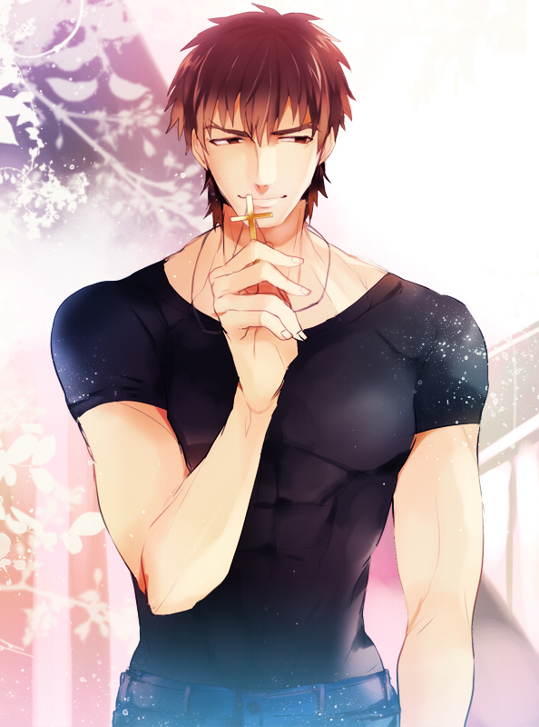 amakura_(am_as) brown_eyes brown_hair cross cross_necklace fate/zero fate_(series) jewelry kotomine_kirei male muscle necklace solo t-shirt tight_clothing tight_shirt