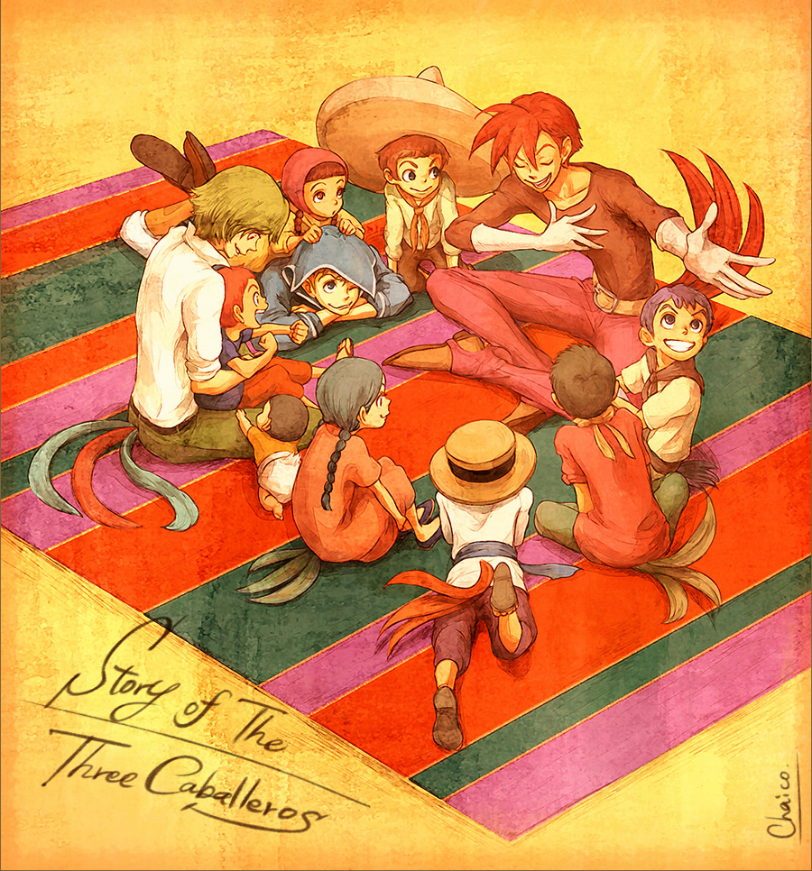 baby belt blue_eyes braid brown_eyes brown_hair buckle chaiko child closed_eyes collarbone disney donald_duck eyes_closed green_eyes green_hair grin hat jose_carioca lying multiple_boys multiple_girls on_stomach open_mouth panchito_pistoles personification porkpie_hat red_hair redhead rug sailor smile sombrero the_three_caballeros title_drop twin_braids