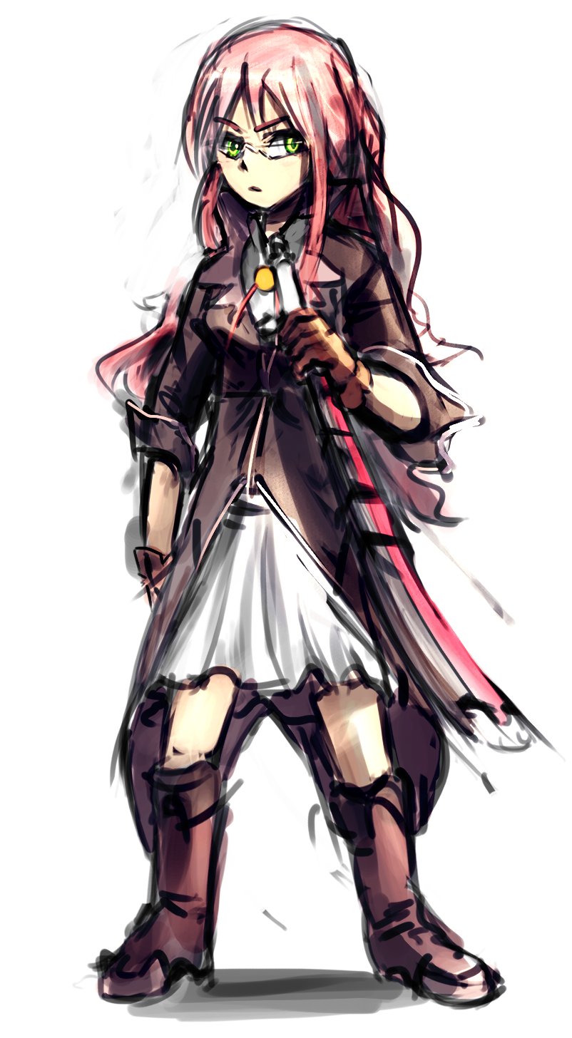 boots drawfag genderswap glasses gloves highres long_hair pink_hair richter_abend skirt solo sword tales_of_(series) tales_of_symphonia tales_of_symphonia_knight_of_ratatosk weapon