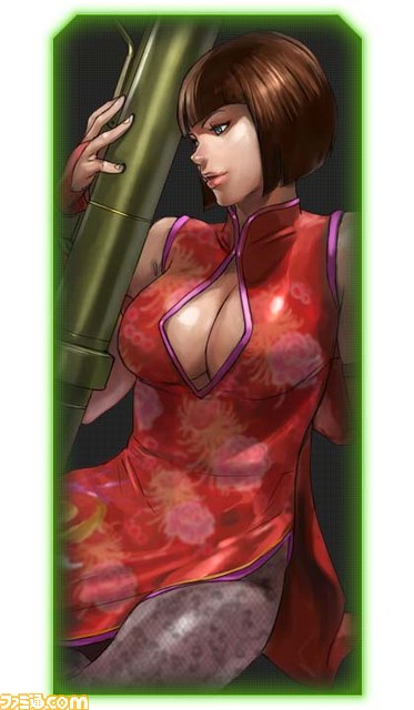 anna_williams bazooka blue_eyes bob_cut breasts bridal_gauntlets brown_hair china_dress chinese_clothes cleavage cleavage_cutout elbow_gloves gloves junny kawano_takuji large_breasts lipstick makeup nose official_art pantyhose rocket_launcher short_hair solo tekken tekken_tag_tournament_2 watermark weapon