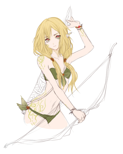 arm_up arrow arrow_(weapon) bad_id bare_shoulders bikini blonde_hair bow_(weapon) elf green_bikini long_hair low_twintails multicolored_eyes original partially_colored pointy_ears serious shirleiy simple_background sketch spot_color swimsuit twintails weapon white_background