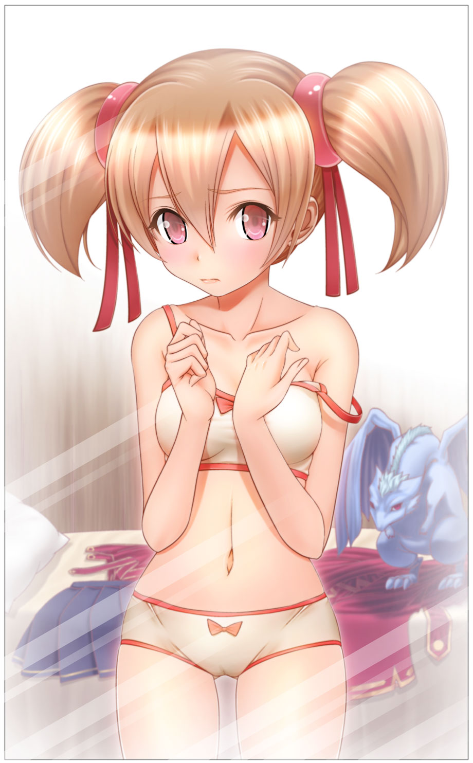 bed blonde_hair blush collarbone highres lingerie off_shoulder panties pillow pina_(sao) pink_eyes short_hair short_twintails silica skirt skirt_removed solo standing strap_slip sword_art_online twintails underwear underwear_only