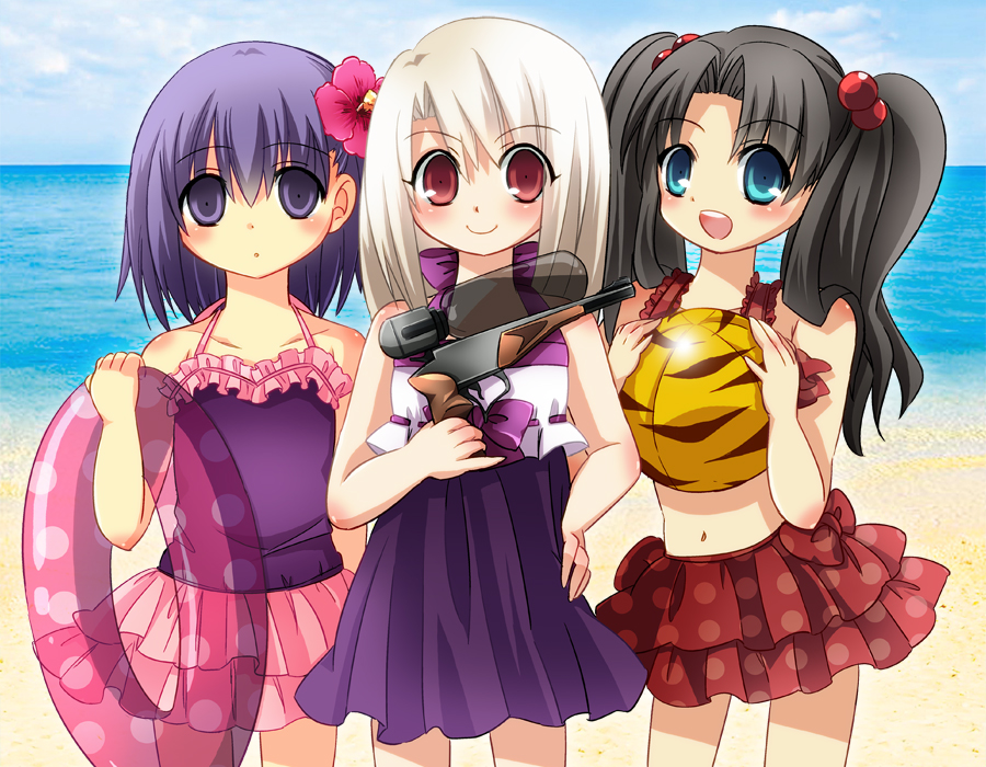 3girls ball beach belly_button bikini bikini_skirt black_hair blue_eyes boru-boru child fate/zero fate_(series) hair_ribbon illyasviel_von_einzbern innertube long_hair matou_sakura multiple_girls purple_eyes purple_hair red_eyes ribbon short_hair swimsuit tohsaka_rin toosaka_rin twintails violet_eyes water_gun white_hair young