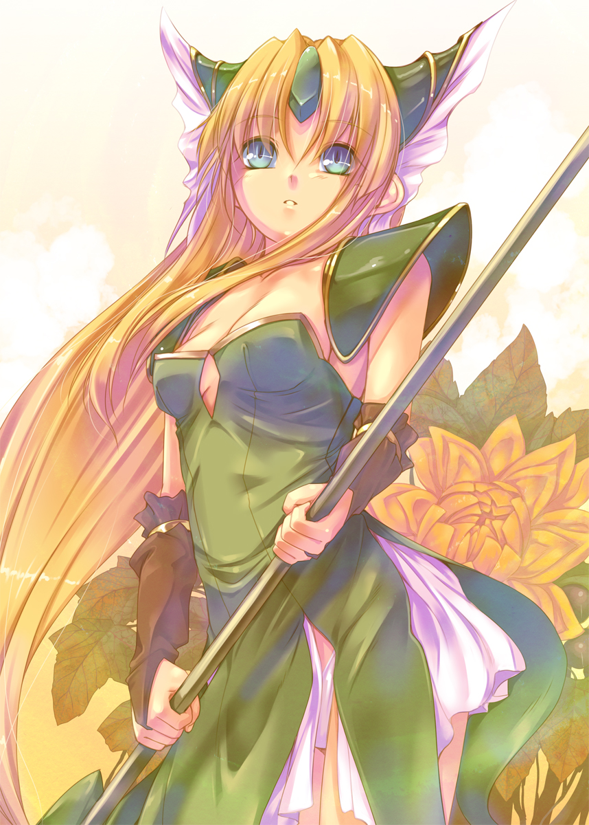 blonde_hair blue_eyes breasts cleavage elbow_gloves flower gloves highres kirishima_satoshi long_hair looking_at_viewer panties polearm riesz seiken_densetsu seiken_densetsu_3 solo underwear very_long_hair weapon