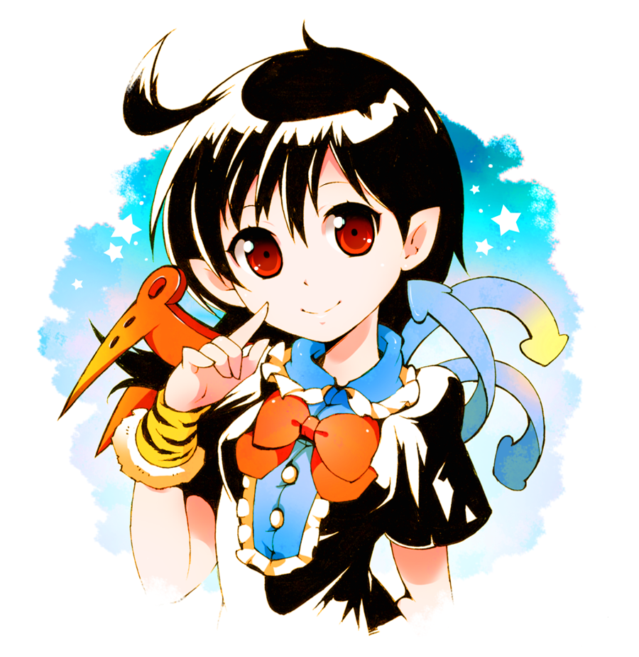 asymmetrical_wings black_hair bow breasts bust houjuu_nue ichizen_(o_tori) looking_at_viewer pointy_ears smile solo star touhou wings wrist_cuffs wristband