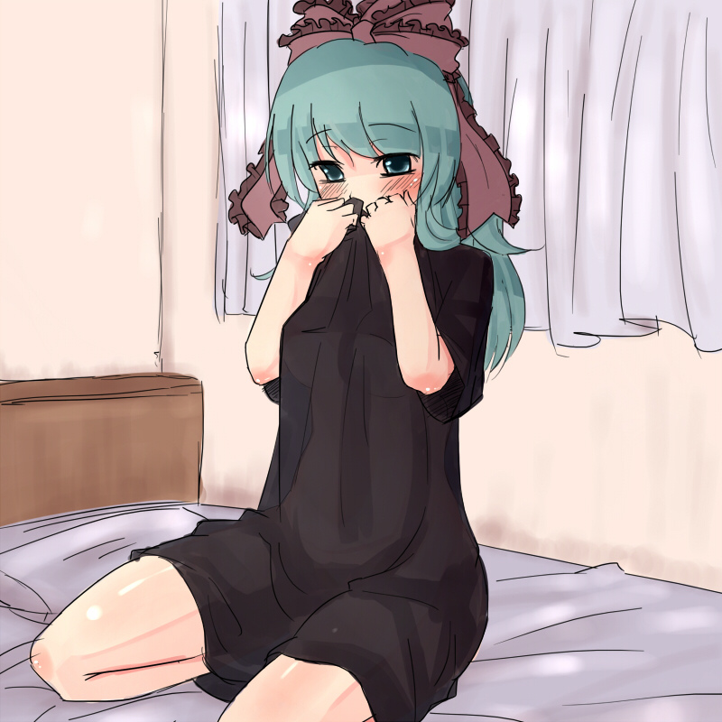 1girl alternate_costume alternate_hairstyle bed blush bow breasts curtains green_hair hair_bow hair_ornament hair_ribbon hakano_shinshi kagiyama_hina long_hair ribbon seiza short_sleeves sitting solo t-shirt touhou