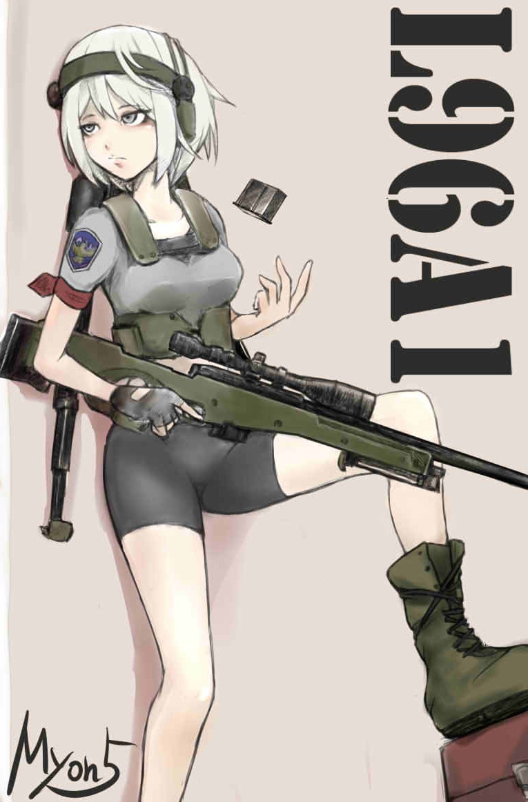 against_wall ai_arctic_warfare armband bike_shorts bolt_action boots bulletproof_vest combat_boots crop_top cross-laced_footwear green_hair gun headset l96 lace-up_boots magazine_(weapon) midriff myon5 operator original rifle scope short_hair sniper_rifle solo trigger_discipline weapon