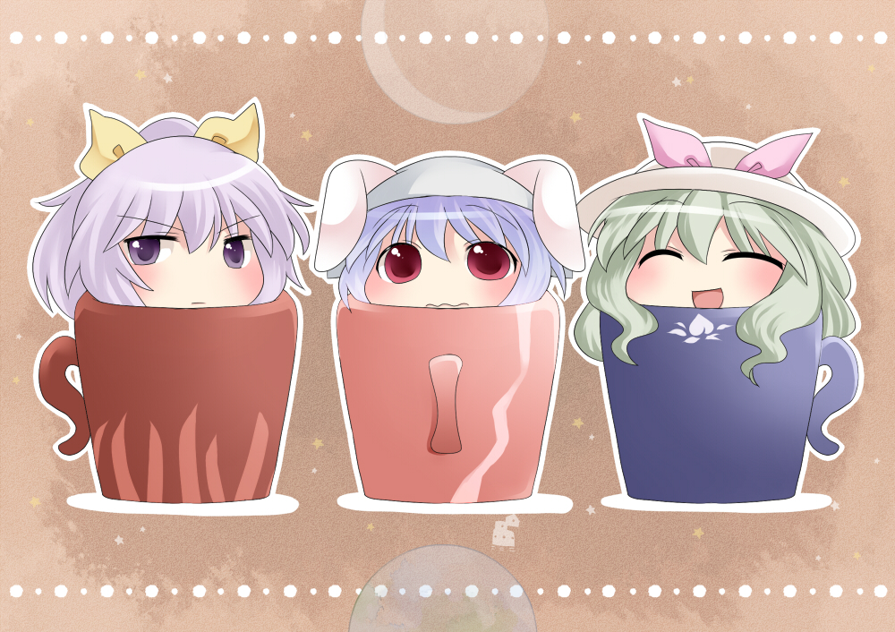 aenobas animal_ears blonde_hair bow bunny_ears closed_eyes cup eyes_closed hair_bow hair_ribbon hammer_(sunset_beach) hat in_container in_cup long_hair multiple_girls purple_eyes purple_hair rabbit_ears red_eyes reisen ribbon short_hair smile touhou violet_eyes watatsuki_no_toyohime watatsuki_no_yorihime