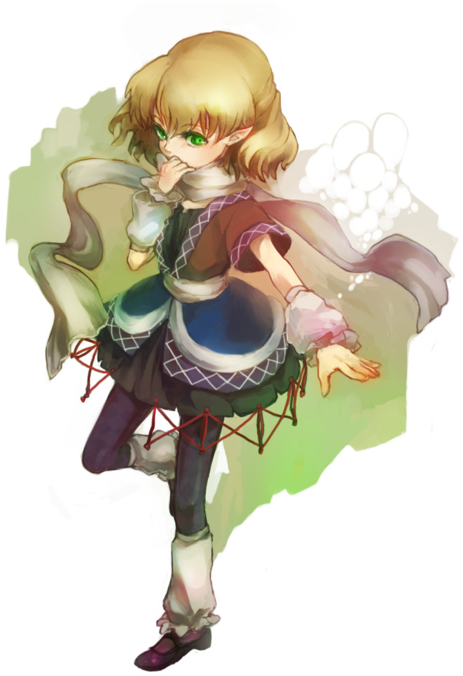 arm_warmers black_legwear blonde_hair green_eyes hand_to_mouth leg_warmers leggings mizuhashi_parsee outstretched_arm pantyhose pointy_ears riinu_(ir-n) scarf short_hair simple_background skirt solo standing standing_on_one_leg touhou white_background