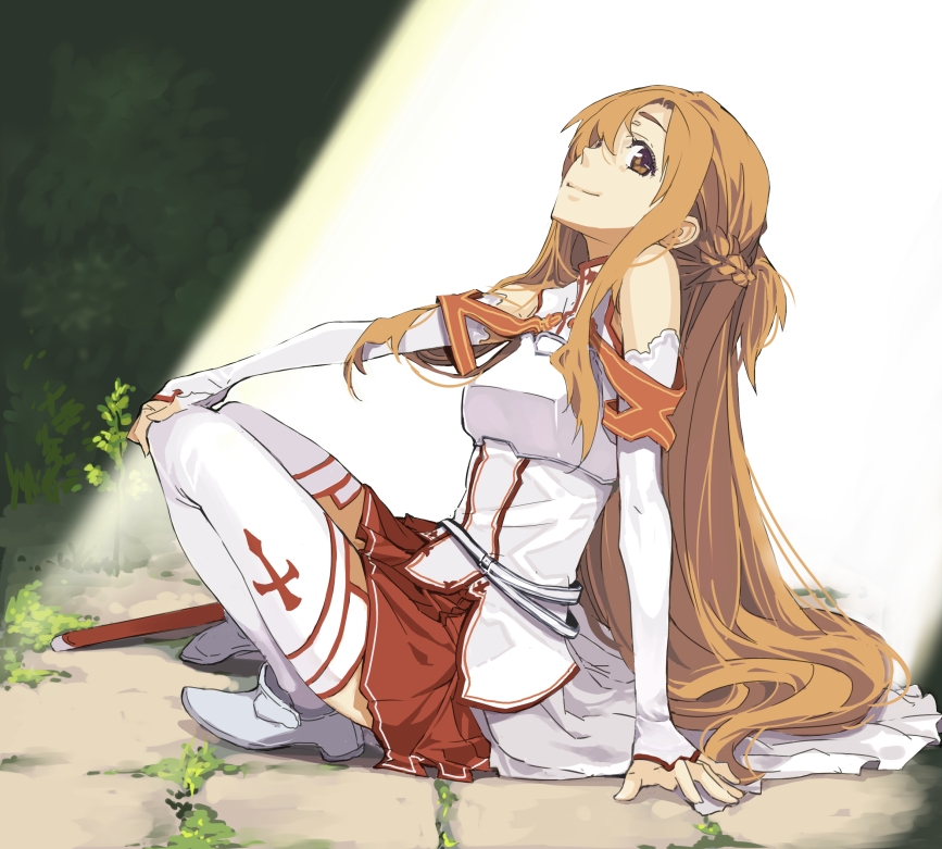 arm_support asuna_(sao) bare_shoulders breastplate brown_eyes brown_hair detached_sleeves hand_on_knee leaning_back long_hair mura_(kanojo_no_oukoku) payot sitting skirt smile solo spotlight sword sword_art_online thigh-highs thighhighs very_long_hair weapon white_legwear