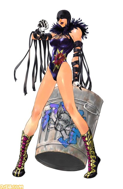 1girl alternate_costume bandage bandages boots breasts character_request claws cleavage cross-laced_footwear dustbin feather_boa gloves inomata_mutsumi lace-up_boots legs leotard lipstick makeup mask namco official_art solo tekken tekken_tag_tournament_2 watermark