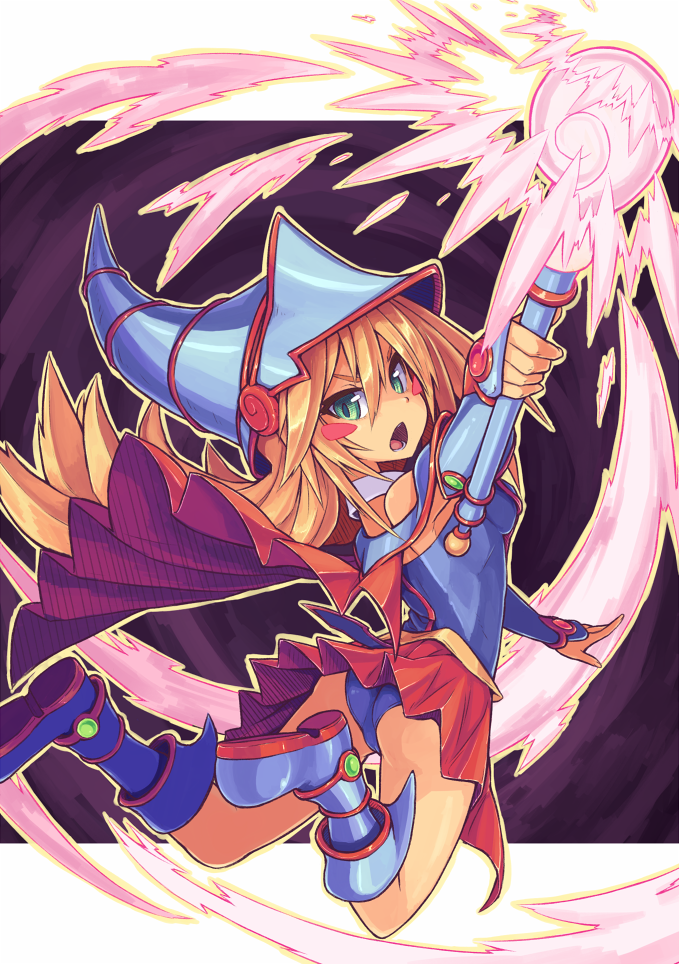 ass back bare_shoulders blonde_hair blush boots breasts cape choker dark_magician_girl duel_monster green_eyes hat leotard long_hair looking_back open_mouth ros skirt solo staff wand wizard_hat yu-gi-oh! yuu-gi-ou yuu-gi-ou_duel_monsters