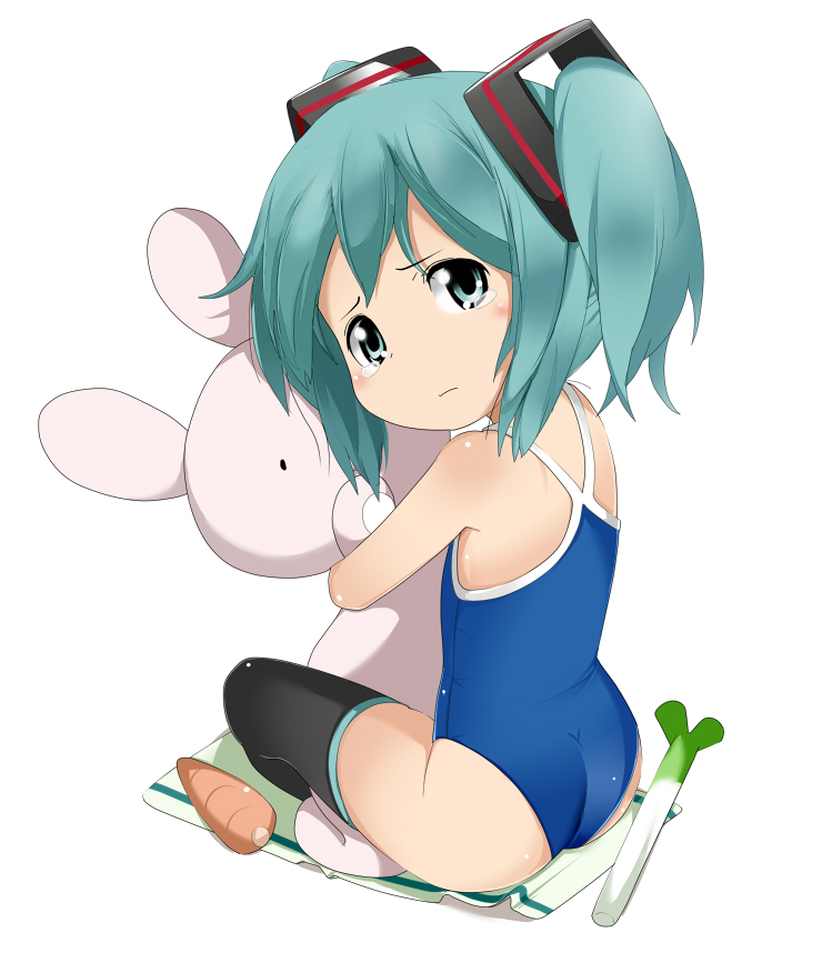 aqua_eyes aqua_hair bad_id carrot hatsune_miku hug indian_style looking_back short_twintails simple_background sitting solo spring_onion stuffed_animal stuffed_toy swimsuit tamakorogashi tears thigh-highs thighhighs towel twintails unhappy vocaloid white_background young