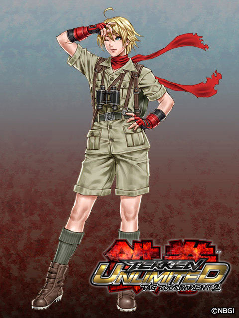 1girl ahoge alternate_costume backpack bag binoculars blonde_hair blue_eyes boots contrapposto eleonore_kliesen fingerless_gloves gloves hand_on_hip khakis leo_kliesen logo namco official_art scarf short_hair shorts socks solo tekken tekken_tag_tournament_2 yamashita_shun'ya