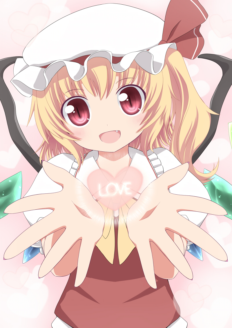 blonde_hair crystal fang flandre_scarlet hat hat_ribbon heart kakurenbo. love open_mouth puffy_sleeves red_eyes ribbon short_hair short_sleeves side_ponytail slit_pupils solo touhou wings