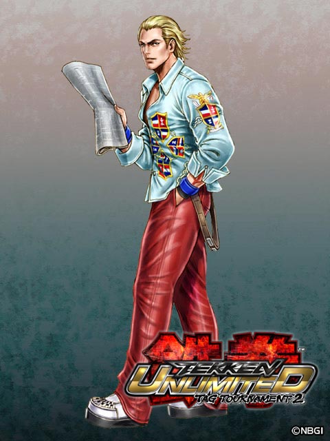 alternate_costume belt blonde_hair blue_eyes boots crest hand_in_pocket leather_pants namco newspaper official_art shirt slicked_back_hair solo steve_fox tekken tekken_4 tekken_tag_tournament_2 wristband yamashita_shun'ya