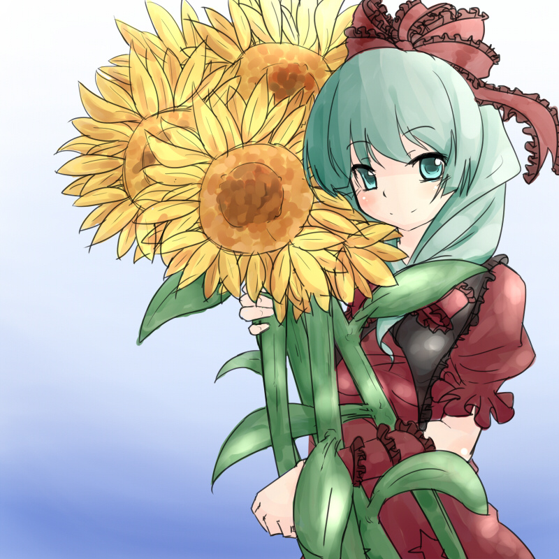 1girl aqua_eyes aqua_hair arm_ribbon bow flower gradient gradient_background hair_bow hair_ornament hair_ribbon hakano_shinshi holding kagiyama_hina long_hair looking_at_viewer ribbon short_sleeves smile solo sunflower touhou