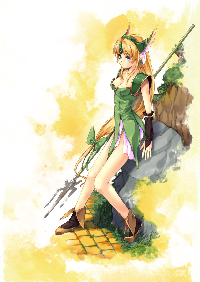 blonde_hair blue_eyes bow hair_bow kirishima_satoshi long_hair low-tied_long_hair polearm riesz seiken_densetsu seiken_densetsu_3 solo very_long_hair weapon