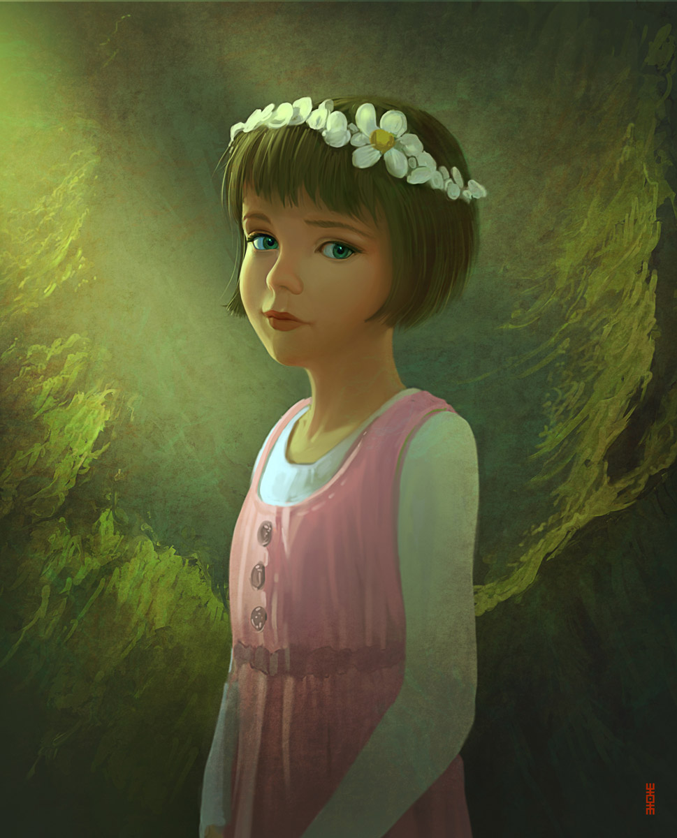 abstract_background bob_cut brown_hair coronet dress flower_petals gradient gradient_background green_eyes long_sleeves peter_pan peter_pan_and_the_pirates pink_dress rhads short_hair undershirt wendy_darling