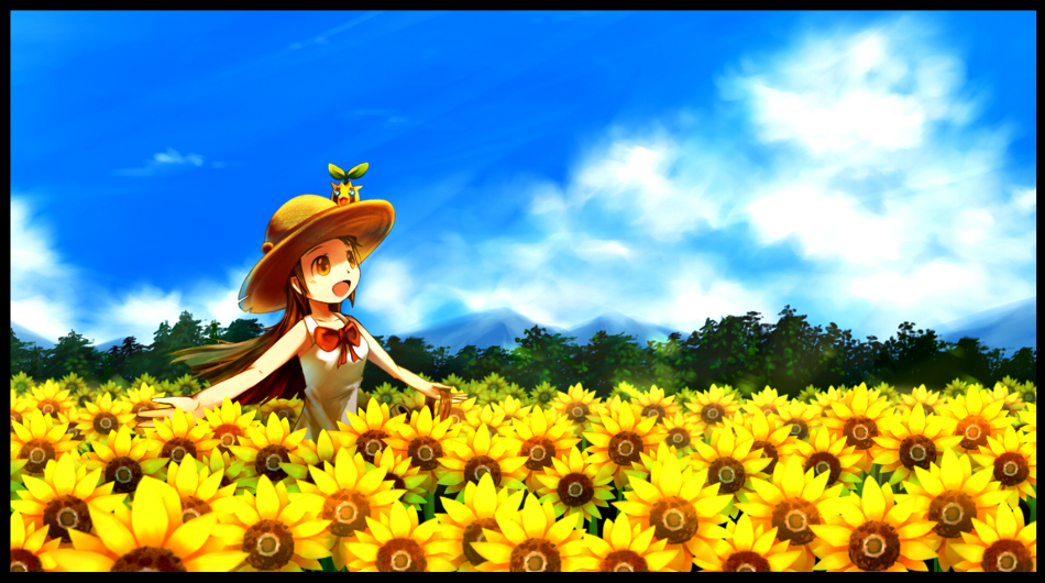 1girl :d bow brown_eyes brown_hair cloud clouds flower flower_field hat long_hair mikan_(pokemon) mountain open_mouth outstretched_arms pokemon pokemon_(creature) pokemon_(game) pokemon_hgss ribbon ribero sky smile spread_arms straw_hat summer sunflower sunkern windowboxed