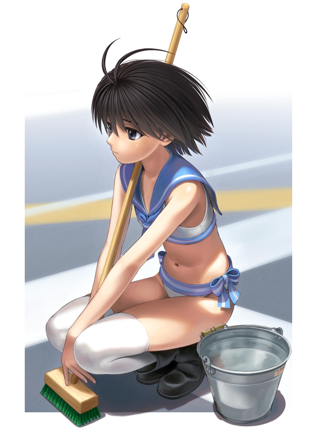 ankle_boots antenna_hair bangs between_thighs black_hair blue_eyes boots bow_bikini broom bucket expressionless flat_chest hair_between_eyes highres holding idolmaster kikuchi_makoto navel nekopuchi outdoors profile sailor_bikini school_uniform serafuku shadow short_hair solo squatting street swimsuit tankini thigh-highs thighhighs water white_legwear