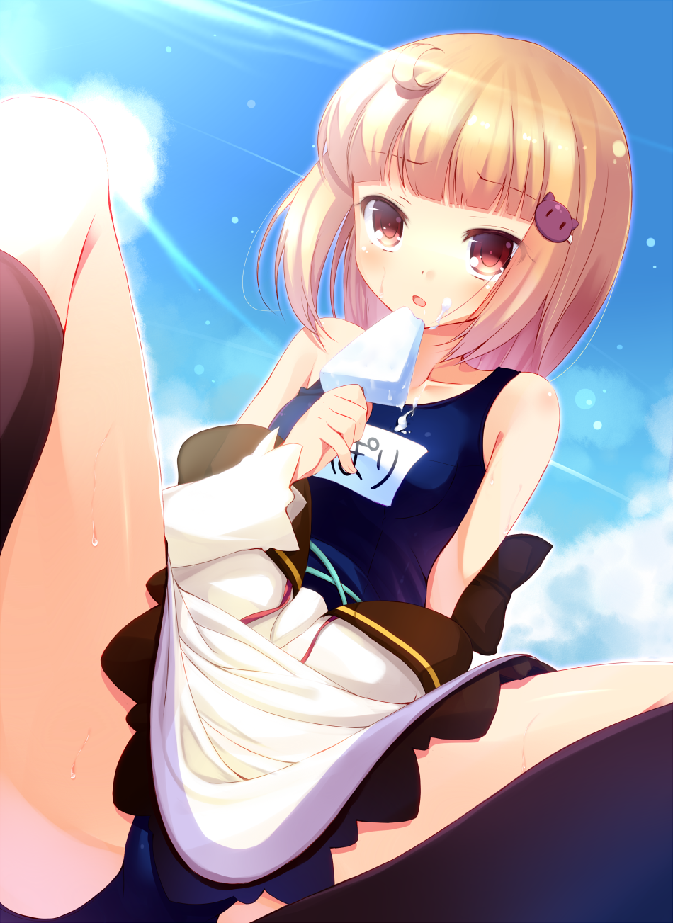 :o ahoge apron bad_id black_socks blonde_hair blush bob_cut breasts brown_hair cepoli_elretoi eating food food_on_face footwear hair_ornament hairclip highres holding komone_ushio looking_at_viewer name_tag open_mouth original popsicle red_eyes sailor_dress school_swimsuit school_uniform short_hair sitting socks solo swimsuit swimsuit_under_clothes swimsuit undressing