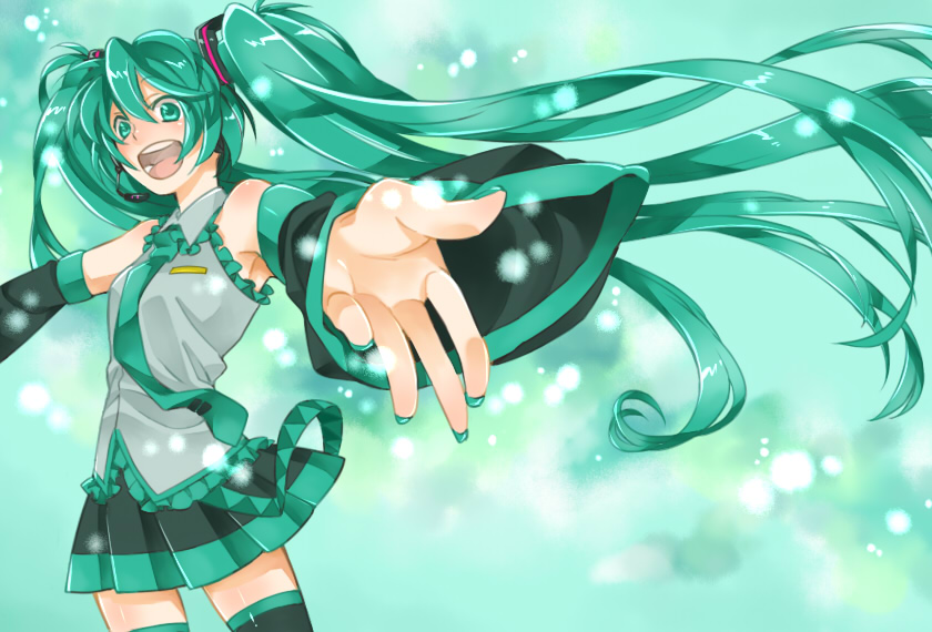 detached_sleeves floating_hair foreshortening green_eyes green_hair hatsune_miku headset long_hair necktie oekaki-daisuki-dessu open_mouth outstretched_arms skirt solo spread_arms thigh-highs thighhighs twintails very_long_hair vocaloid