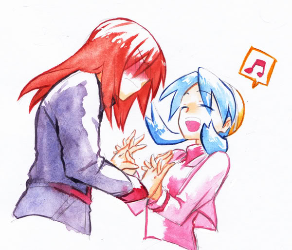 1girl bangs blue_hair blush closed_eyes couple crystal_(pokemon) embarrassed eyes_closed hand_holding hat holding_hands long_hair md5_mismatch mmm73 mura_kawa_(mmm73) musical_note open_mouth pokemon pokemon_(game) pokemon_gsc red_hair redhead silver_(pokemon) smile source_request twintails white_background