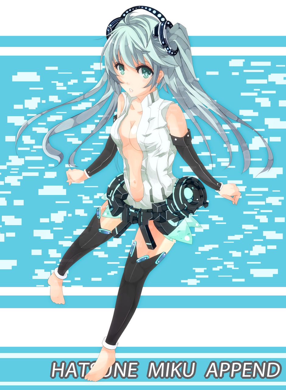 aqua_eyes aqua_hair barefoot breasts center_opening cleavage elbow_gloves fingerless_gloves gloves hatsune_miku hatsune_miku_(append) highres long_hair looking_at_viewer maya_(bicycle_install) miku_append solo twintails very_long_hair vocaloid vocaloid_append