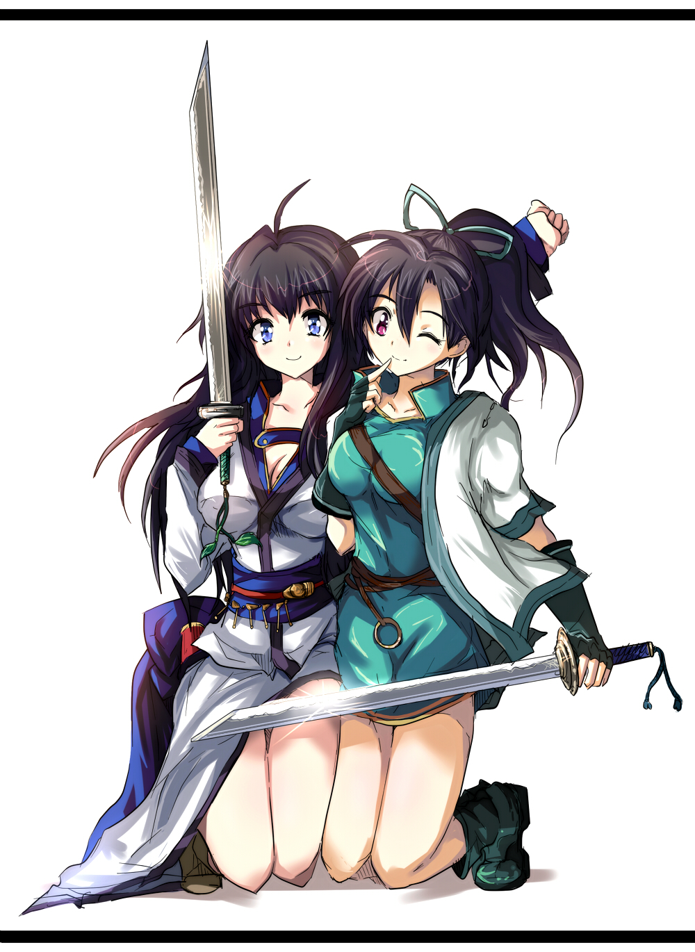 age_difference black_hair echizen fir fire_emblem fire_emblem:_fuuin_no_tsurugi fire_emblem_fuuin_no_tsurugi highres karla mother_and_daughter multiple_girls ribbon sash sword weapon wink