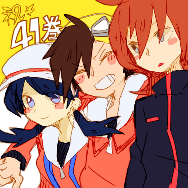 2boys bangs baseball_cap black_hair blue_eyes blue_hair blush closed_eyes crystal_(pokemon) earrings eyes_closed goggles goggles_on_head gold_(pokemon) grey_eyes hat jewelry multiple_boys pokemon pokemon_special pokke-pokke-pinoko red_hair redhead silver_(pokemon) smile star star_earrings twintails yellow_background