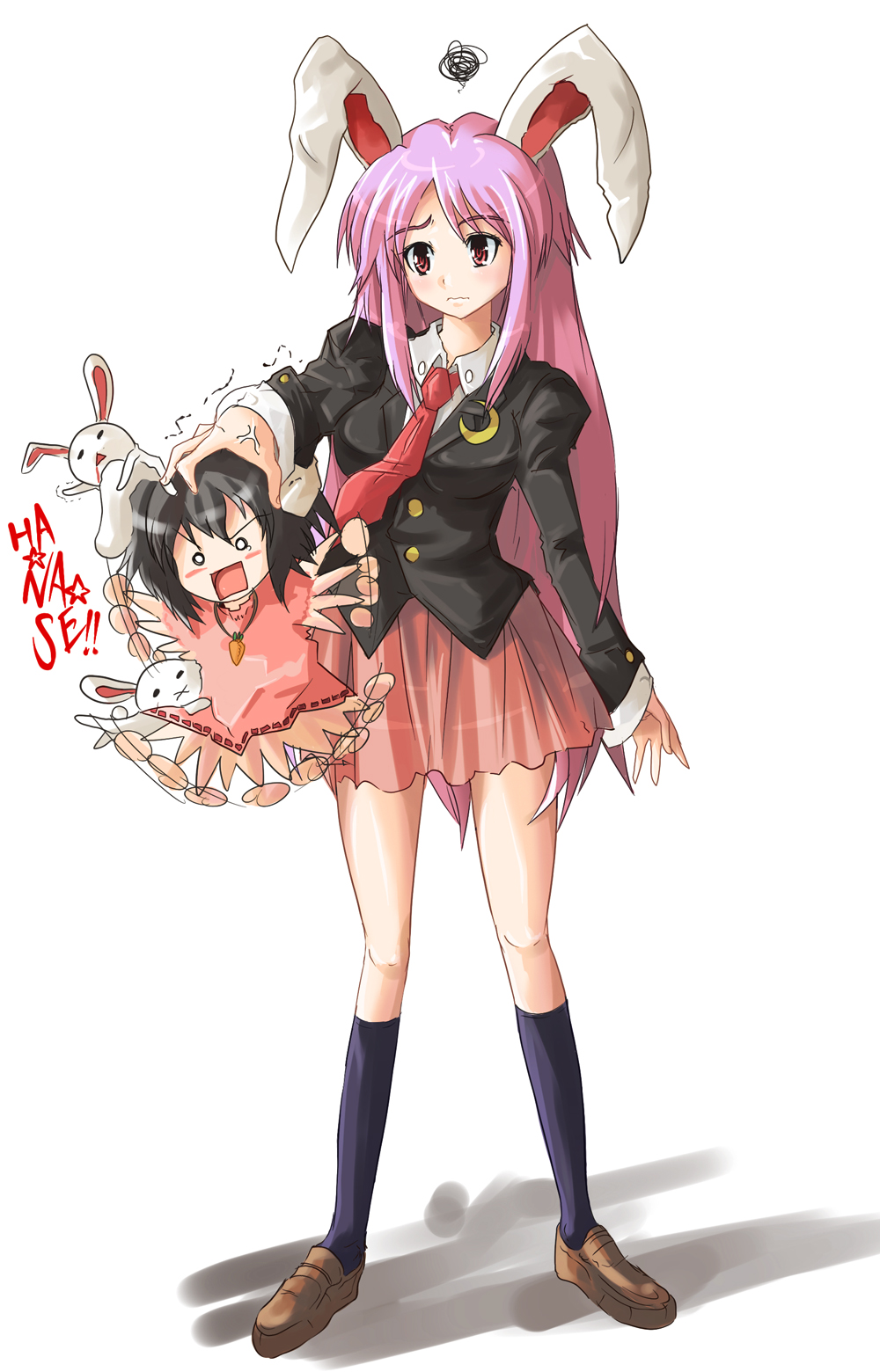 4rabbits animal_ears black_hair bunny bunny_ears carrot dress echizen highres inaba_tewi jewelry long_hair multiple_girls necktie open_mouth purple_hair rabbit rabbit_ears red_eyes reisen_udongein_inaba romaji short_hair simple_background skirt tail touhou translated very_long_hair white_background