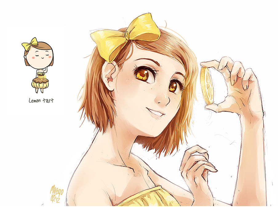 bangs bare_arms blush_stickers bow bust chibi closed_eyes collarbone dress dual_persona eyes_closed food food_themed_clothes freckles fruit hair_bow holding lemon lemon_slice lemon_tart light_brown_eyes light_brown_hair looking_at_viewer meago original parted_lips personification portrait rough short_hair signature simple_background smile solo strapless_dress swept_bangs white_background yellow_bow yellow_dress