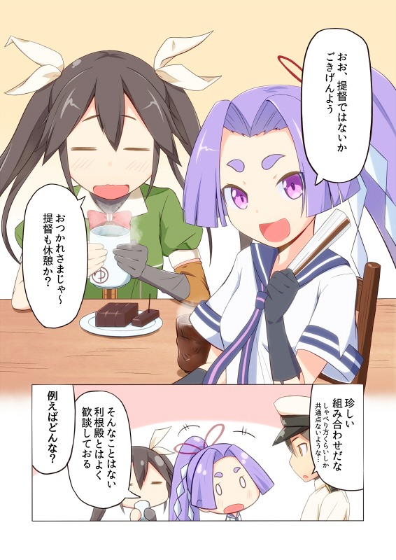 1boy 2girls admiral_(kantai_collection) battlegaregga brown_hair commentary cup food gloves hair_ribbon hatsuharu_(kantai_collection) kantai_collection long_hair multiple_girls ponytail purple_hair ribbon teacup tone_(kantai_collection) translated twintails violet_eyes wagashi youkan_(food)