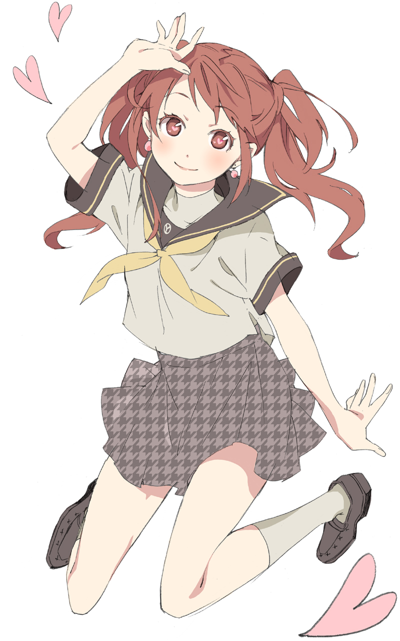 bad_id brown_eyes brown_hair colored_eyelashes full_body hand_on_head heart heart-shaped_pupils highres houndstooth jumping kujikawa_rise loafers long_hair looking_at_viewer miniskirt moroheso persona persona_4 school_uniform serafuku shoes simple_background skirt smile socks solo symbol-shaped_pupils twintails unmoving_pattern white_background