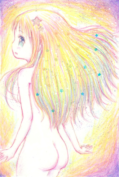 ass blonde_hair blue_eyes colored_pencil_(medium) from_behind leica long_hair nude original powara-chan solo star traditional_media