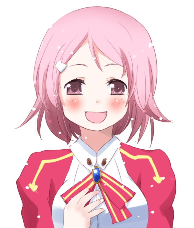 :d blush bowtie face freckles hair_ornament hairclip hand_on_own_chest happy hoshi_mirin lisbeth open_mouth pink_hair puffy_sleeves purple_eyes short_hair smile solo sword_art_online violet_eyes
