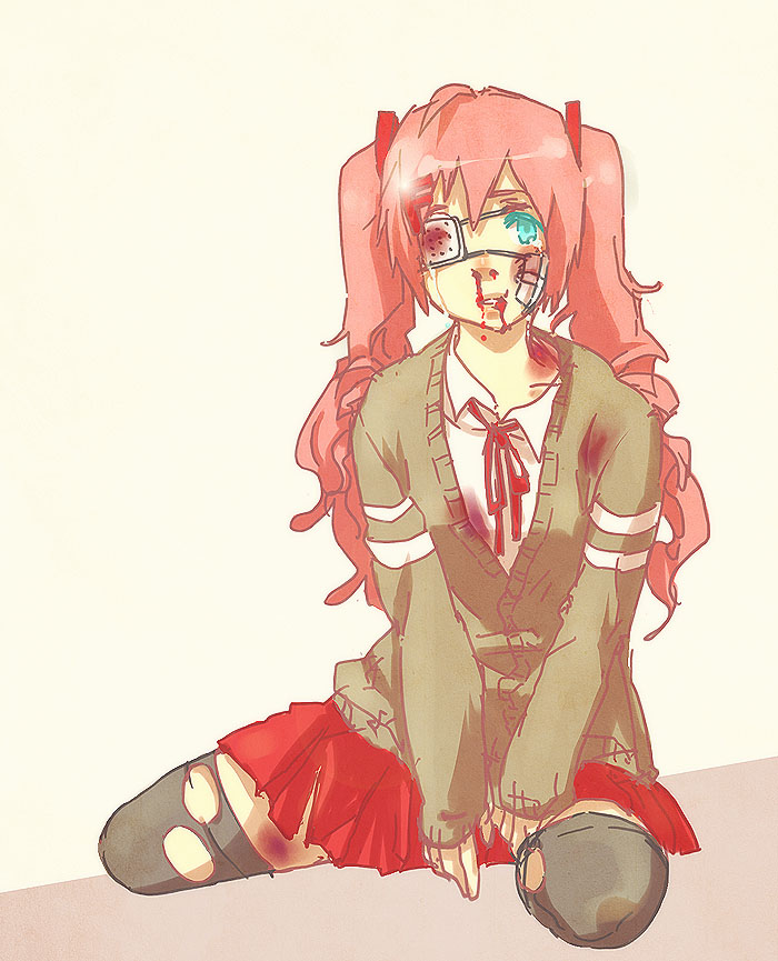 021 1girl bandaid black_legwear blood blue_eyes bruise cardigan eyepatch fakku hair_ornament injury long_hair momoka_(fakku) nosebleed pink_hair sitting solo tears thigh-highs thighhighs torn_clothes torn_thighhighs twintails wariza